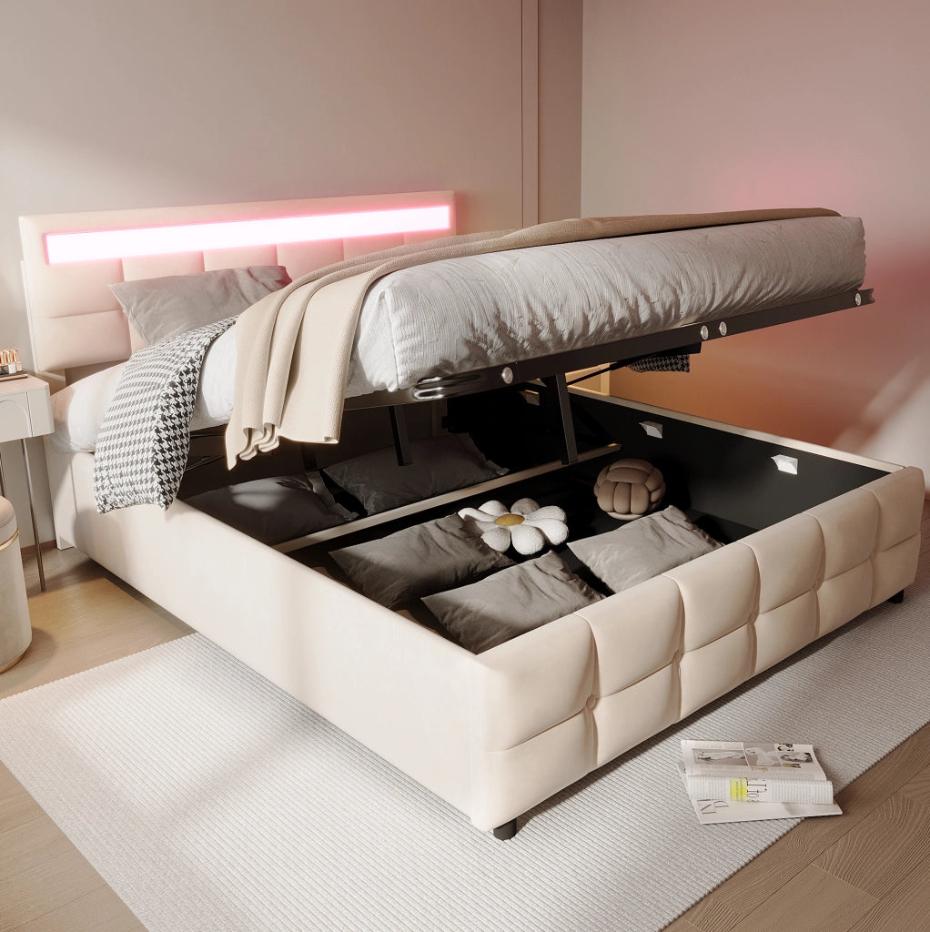 Letto imbottito 180x200 cm con LED e vano contenitore idraulico