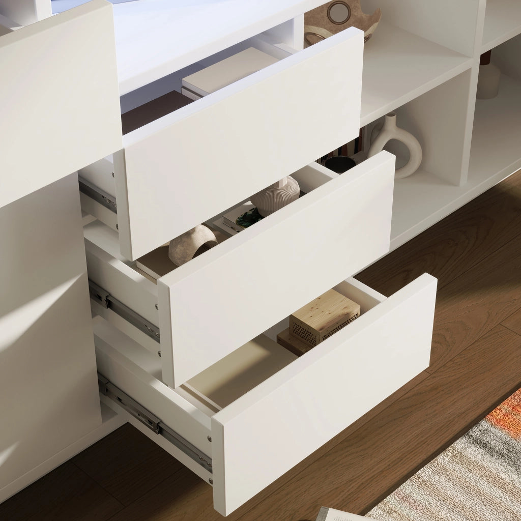 Sideboard bianco 160x40x75 cm con LED; ante e cassetti in MDF e acrilico