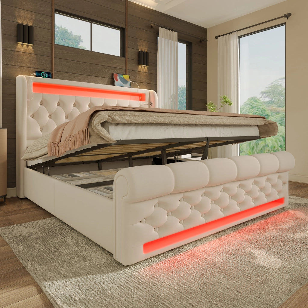 LETTO contenitore 140x190 cm in velluto beige con LED, USB e Type-C