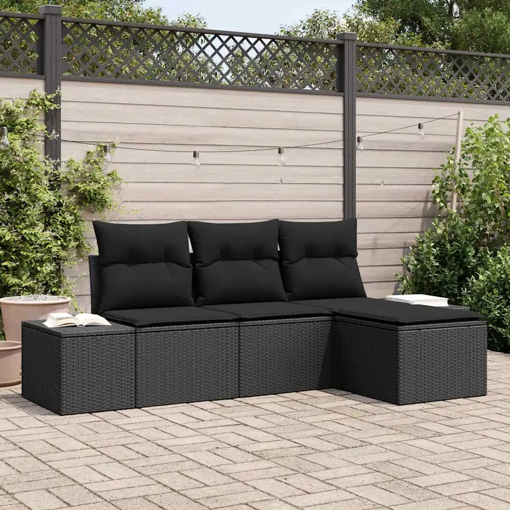 Set Divano da Giardino con cuscino 4 pz | Set Salotto da Giardino Nero polyrattan
