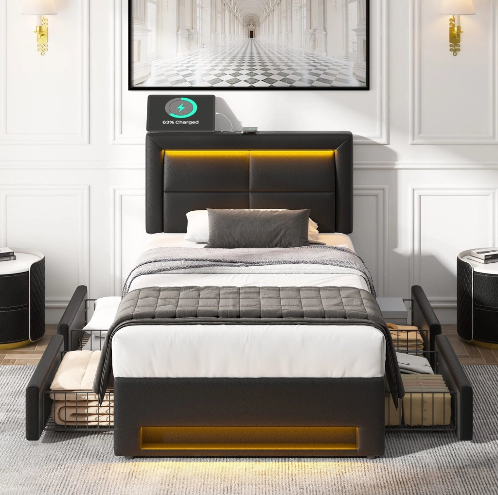 Letto imbottito 90x190 cm con USB; luce LED e 4 cassetti; in PU nero