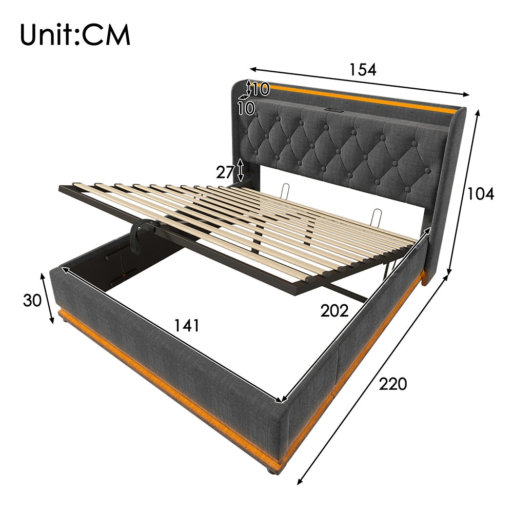 Letto a cassone per adulti 140x200 cm - Xylo - Testiera imbottita, alzata idraulica, USB-C, Grigio