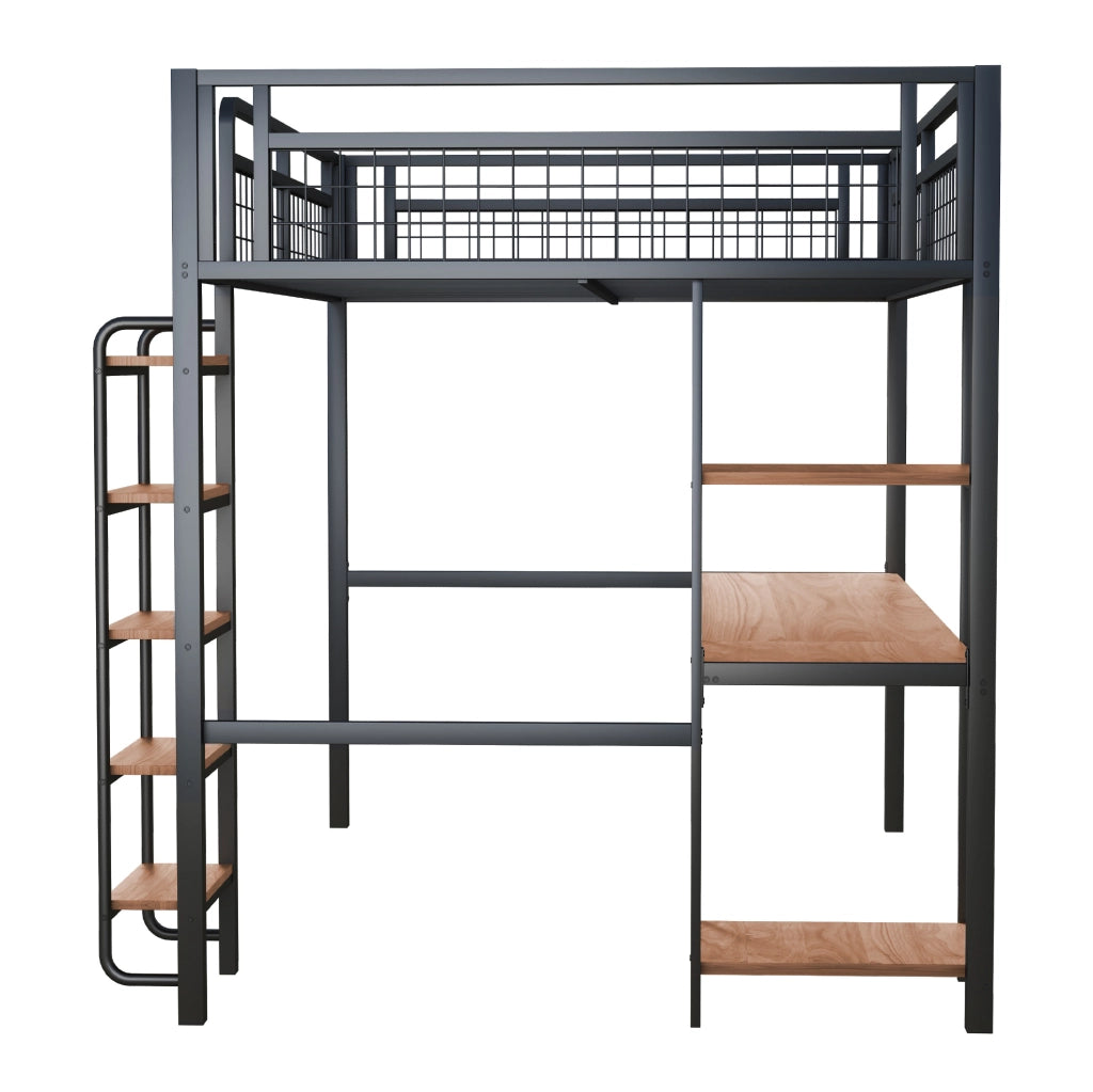 Letto a soppalco in metallo 140x200 cm con scrivania e ripiani, nero