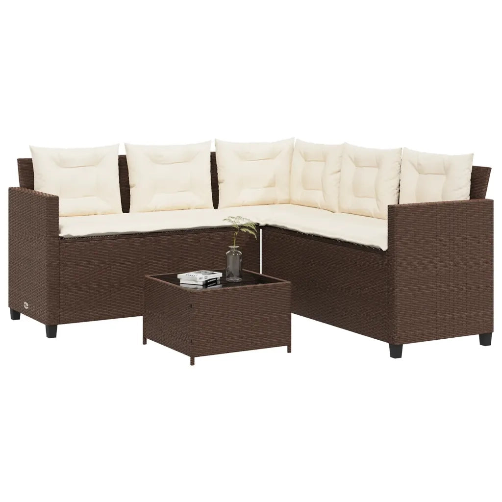 Divano da Giardino con Tavolo e Cuscini a L Marrone Polyrattan 369040