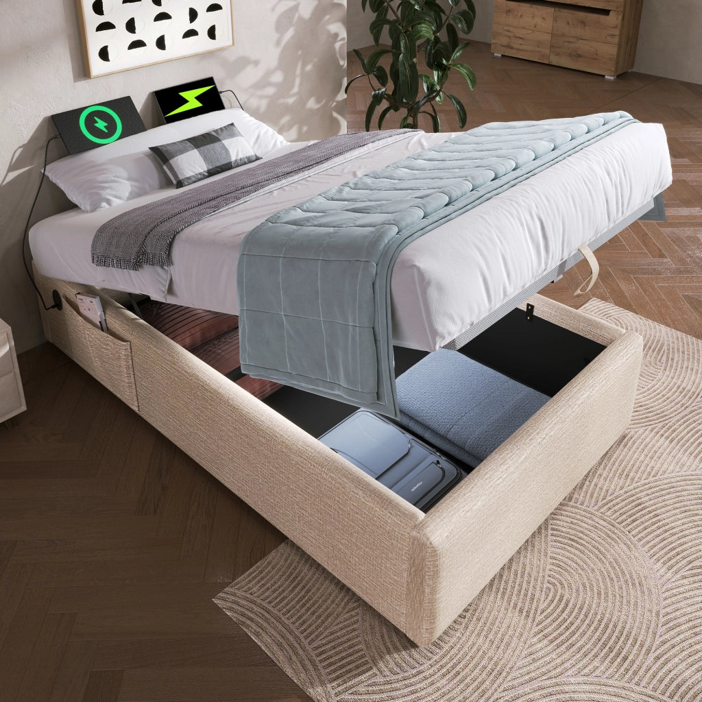 OKWISH Letto contenitore 90×200 cm, Letto Singolo con USB, Type C e Tasca Laterale, senza Materasso, in Lino, Beige Naturale