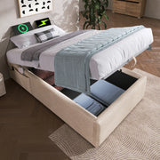 OKWISH Letto contenitore 90×200 cm, Letto Singolo con USB, Type C e Tasca Laterale, senza Materasso, in Lino, Beige Naturale