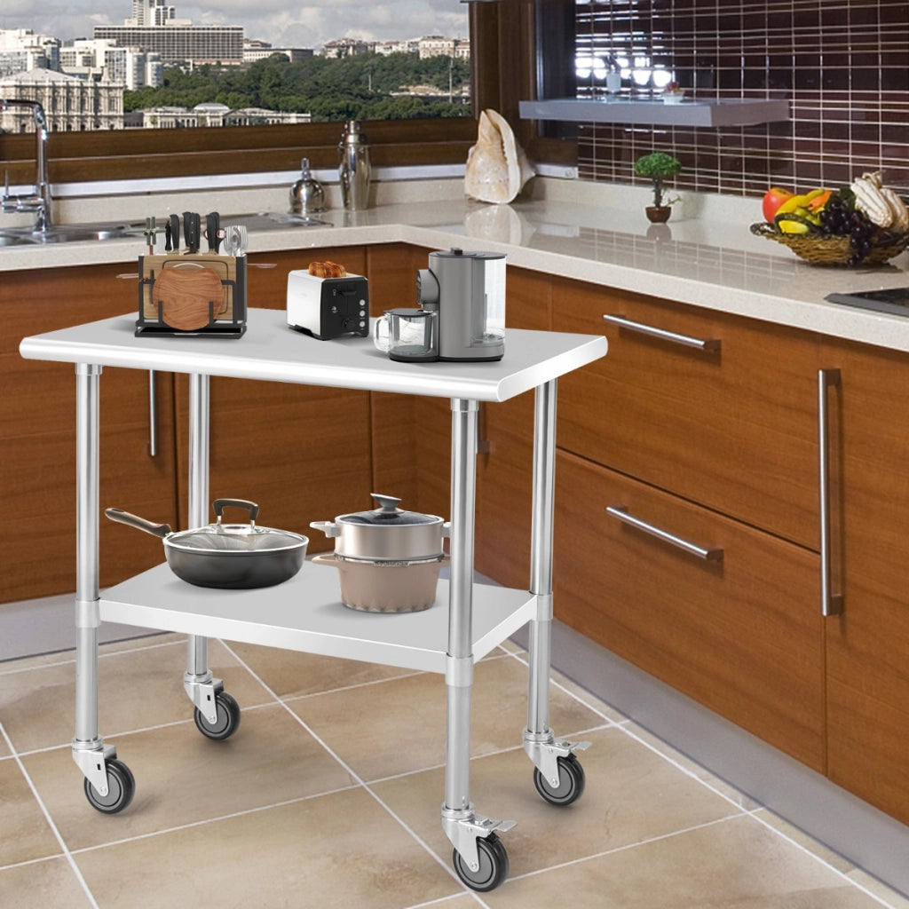 Tavolino da lavoro in acciaio regolabile a 2 ripiani da cucina-Carrello in metallo per officina 91,5x61x89,5cm Argento