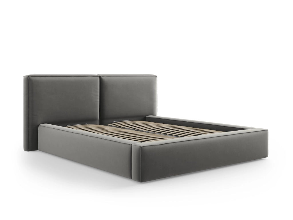 Cosmopolitan Design - Letto a cassettone con testiera doppia "Arendal" 140x200cm in velluto grigio chiaro 