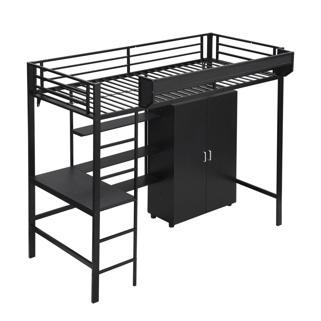 Letto a castello in metallo e legno nero 90x200 cm con tavolo, armadio e scala a 5 gradini