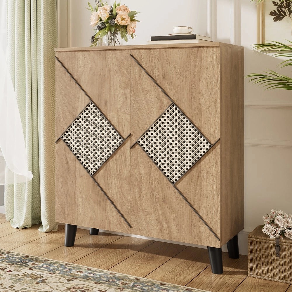 Scarpiera con Ante e Motivo in Rattan ¨C MINIMAL ¨C Bianco, 80x32x91 cm