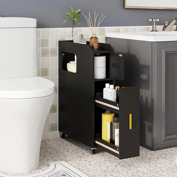 Credenza da Bagno Piccolo, Mobile Salvaspazio Stretto e Slim con Cassetto Scorrevole, Porta Fazzoletti, Portascopino e Ruote Bloccabile, Armadietto per Spazi Ridotti (Nero)