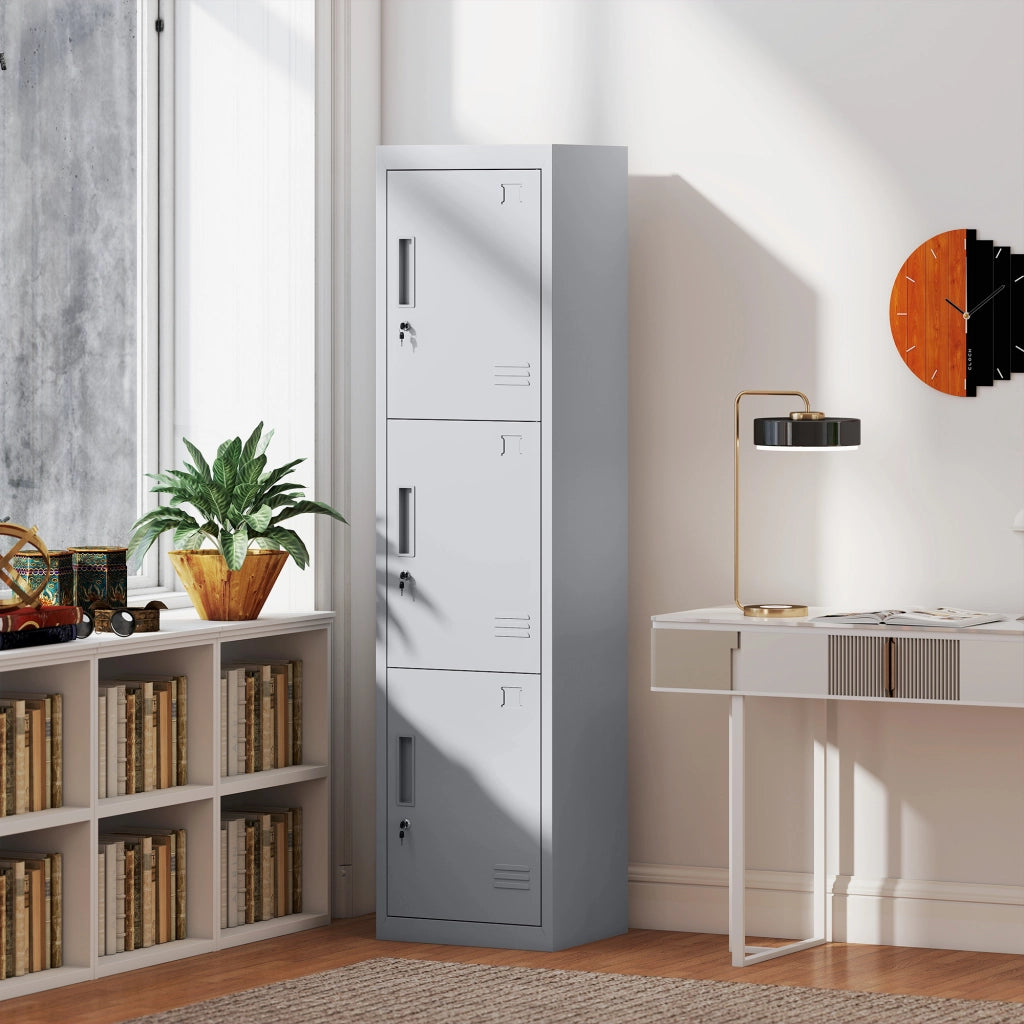 Armadio per Ufficio in Acciaio a 3 Porte Indipendenti con Serratura e 2 Chiavi, 45x38x180 cm, Grigio Chiaro