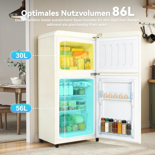 Frigorifero a doppia porta (86L) – controllo della temperatura a 7 livelli; classe di efficienza energetica E; luce a LED; ripiani regolabili e portauova – crema