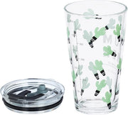 Set di bicchieri in vetro, 4 pezzi, motivi cactus, coperchio e manico, capacità 450 ml, bicchieri per bambini, bicchiere per succo, trasparente