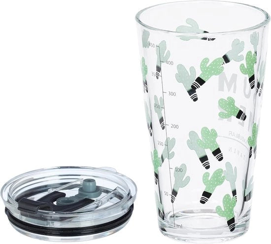 Set di bicchieri in vetro, 4 pezzi, motivi cactus, coperchio e manico, capacità 450 ml, bicchieri per bambini, bicchiere per succo, trasparente