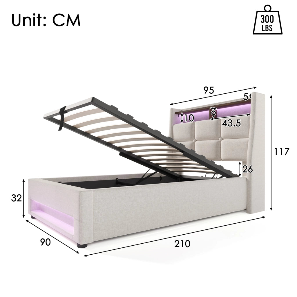 LETTO imbottito 90x200 cm in lino beige con USB e LED