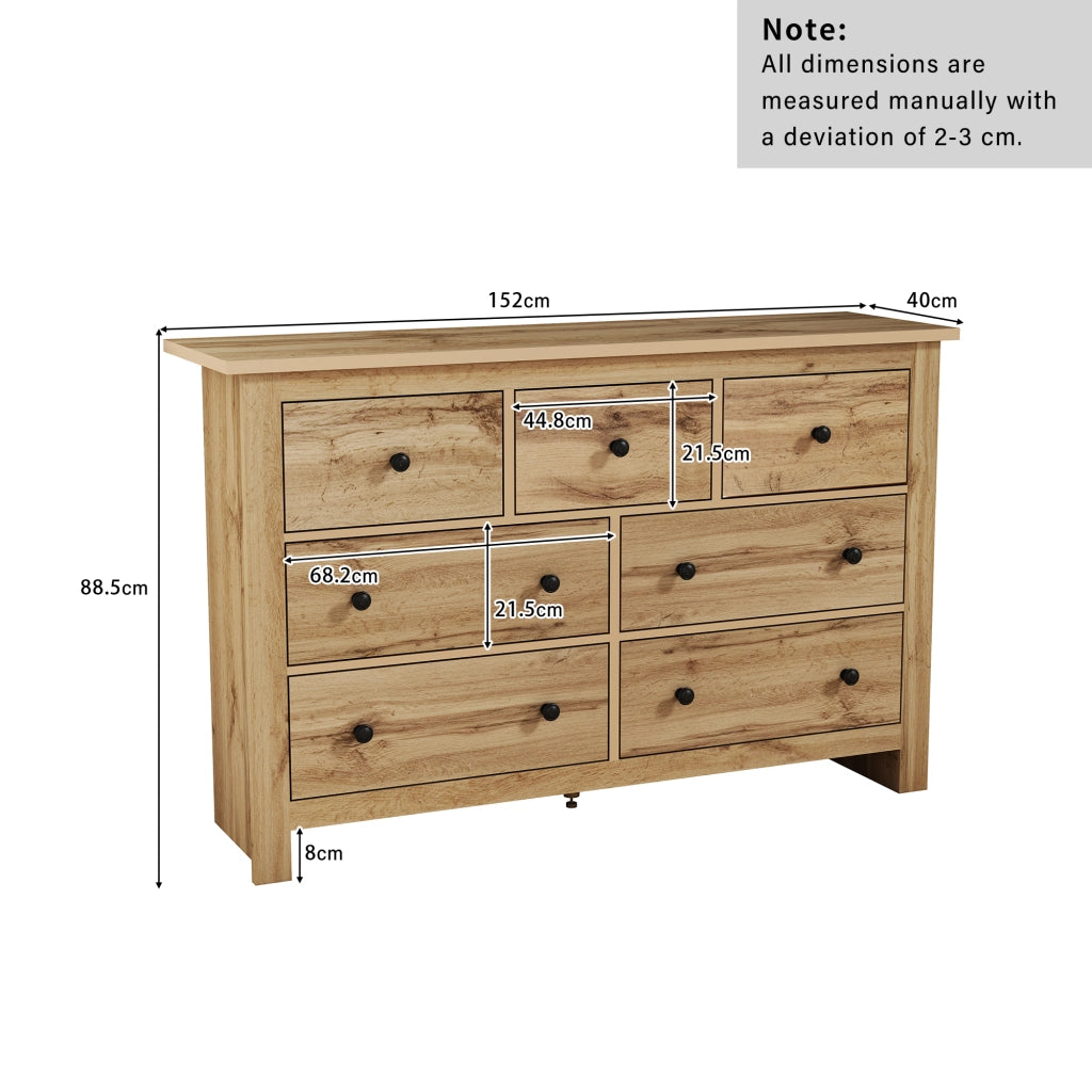 Credenza con 7 cassetti e piedino centrale regolabile - per cucina e soggiorno - 152x40x89 cm - color legno