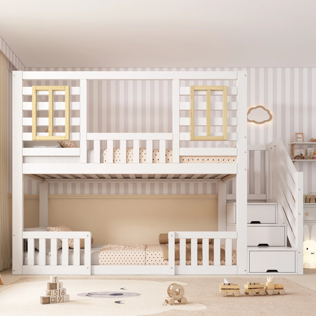DESMIU Letto a castello per bambini 90 × 200 cm con scala-armadio, finestre in legno e senza materasso