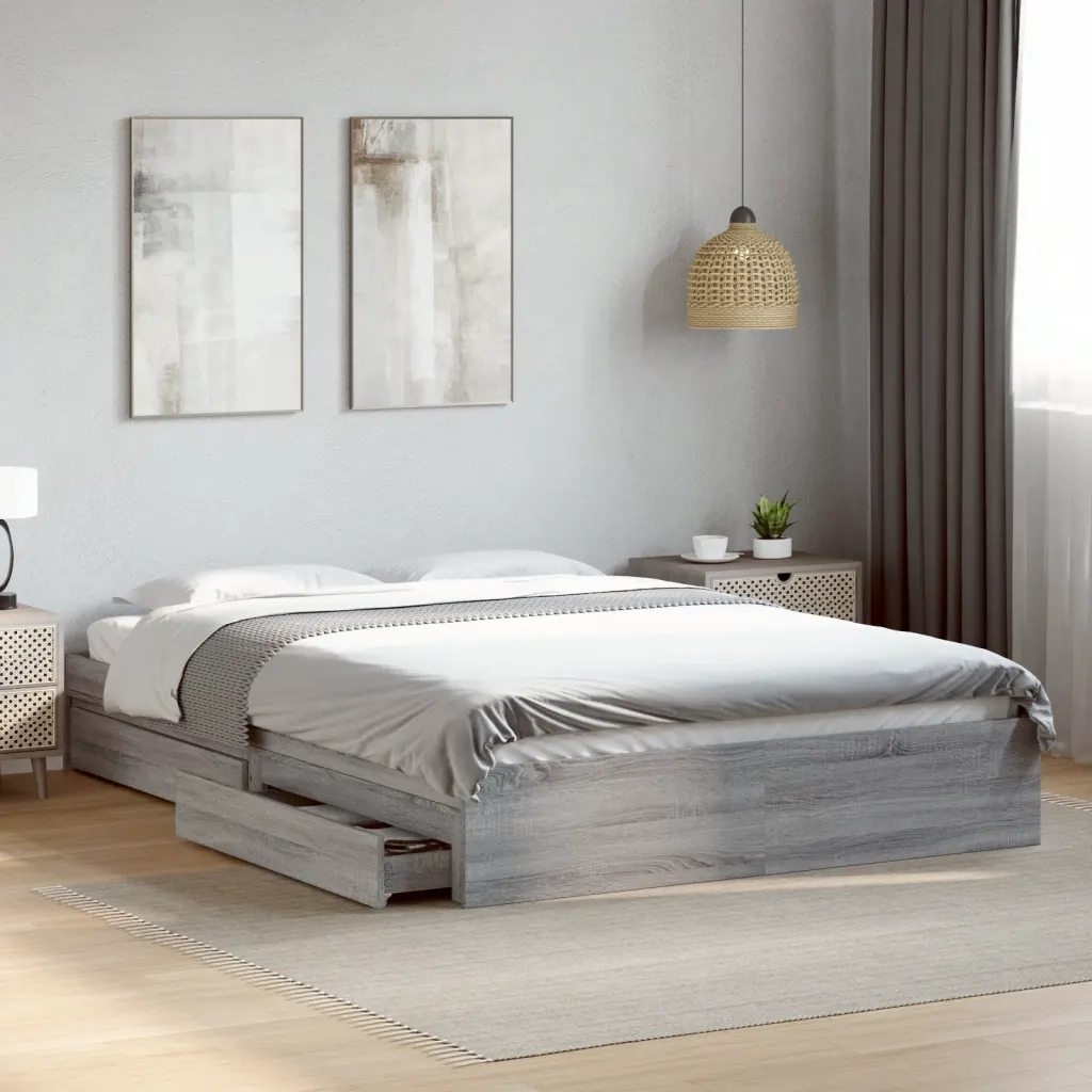 Letto matrimoniale | Letto per adulti | Giroletto Cassetti Grigio Sonoma 150x200 cm Legno Multistrato