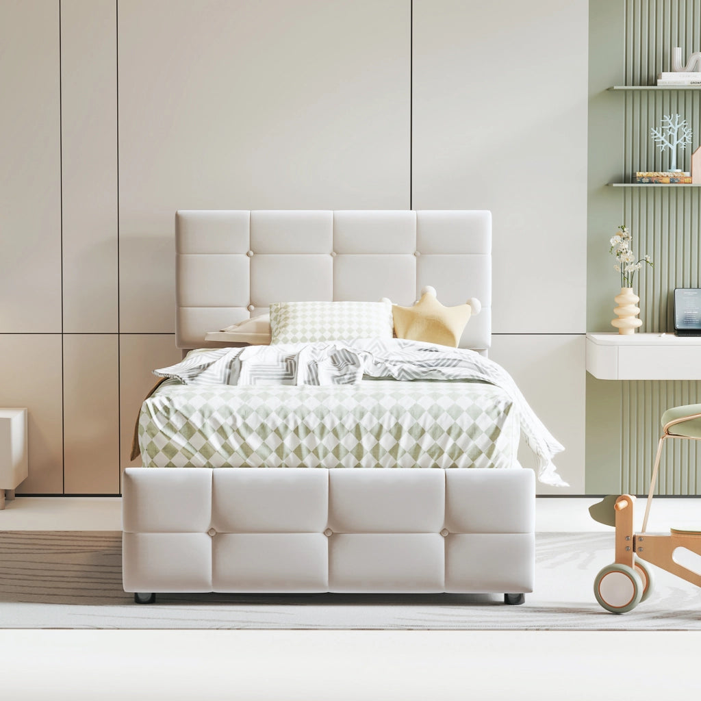 Letto imbottito per bambini 90x200 cm in velluto, con contenitore idraulico, testiera regolabile, beige