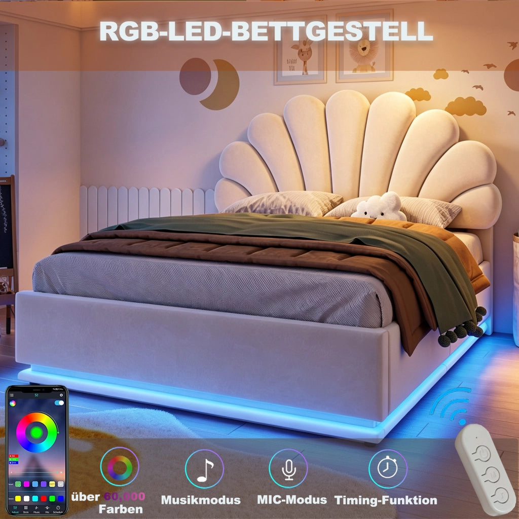 DESMIU Letto contenitore 140 × 200 cm 2 posti con vano idraulico e LED, senza materasso, in velluto, beige