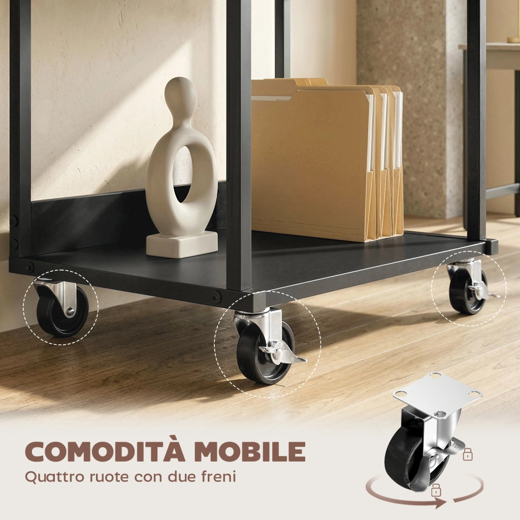 Mobile Supporto Stampante 3 livelli 50x40x75 cm con Ruote e Ripiani in Metallo Nero