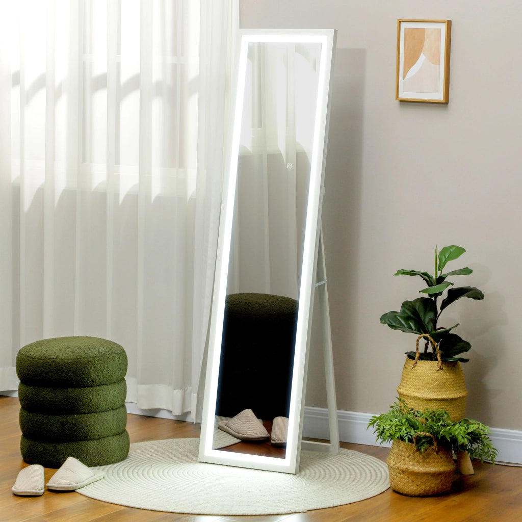 Specchio da Terra con Luci LED Regolabili. 3 Colori. 40x160 cm Specchio da Parete e Autoportante a Figura Intera in Vetro Temperato e MDF con Funzione Memory. per Soggiorno. Bianco