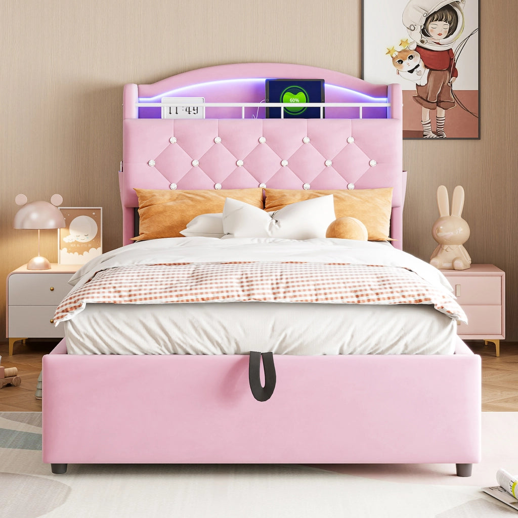 Letto bambino imbottito singolo 90×200 cm con contenitore; LED; USB e Type-C; senza materasso; velluto; rosa