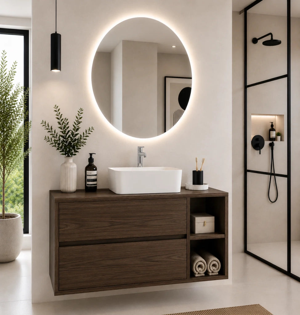 Mobile bagno con top in legno e lavabo da appoggio ORIGENBATH ZEUS senza specchio 100x45 cm Destra frassino tea