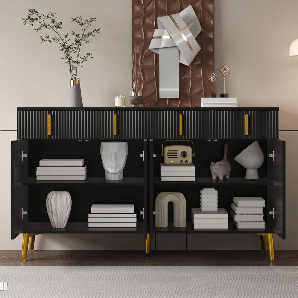 MADIA 140x38x82 cm 4 ante 4 cassetti MDF nero con dettagli oro