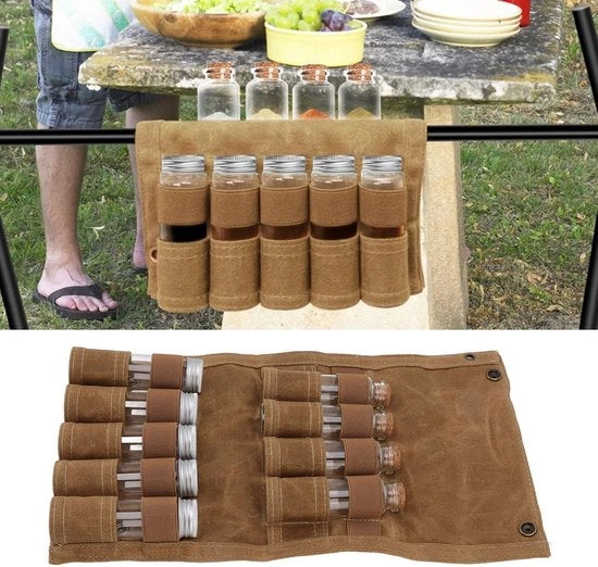 Kit di erbe da campeggio portatile con 9 contenitori in vetro e borsa di stoccaggio in tela di lino impermeabile per avventure all'aperto