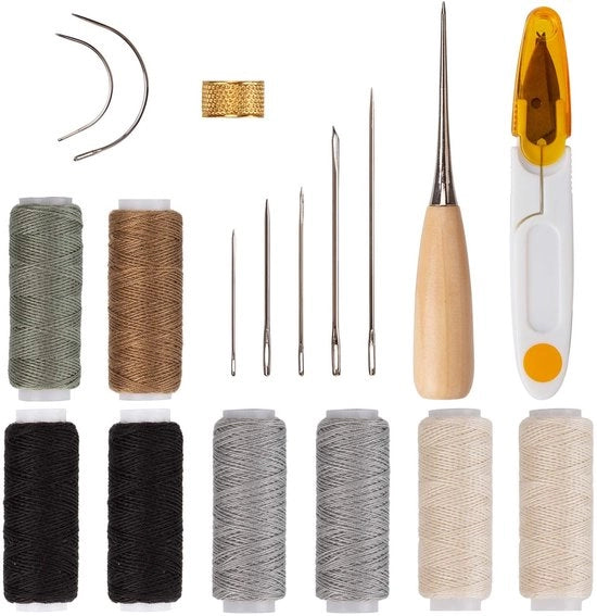 Kit di riparazione per oggetti in pelle - 18 pezzi - set di accessori per cucire - cordoni di filo - kit di attrezzi per riparazioni manuali - set di riparazione