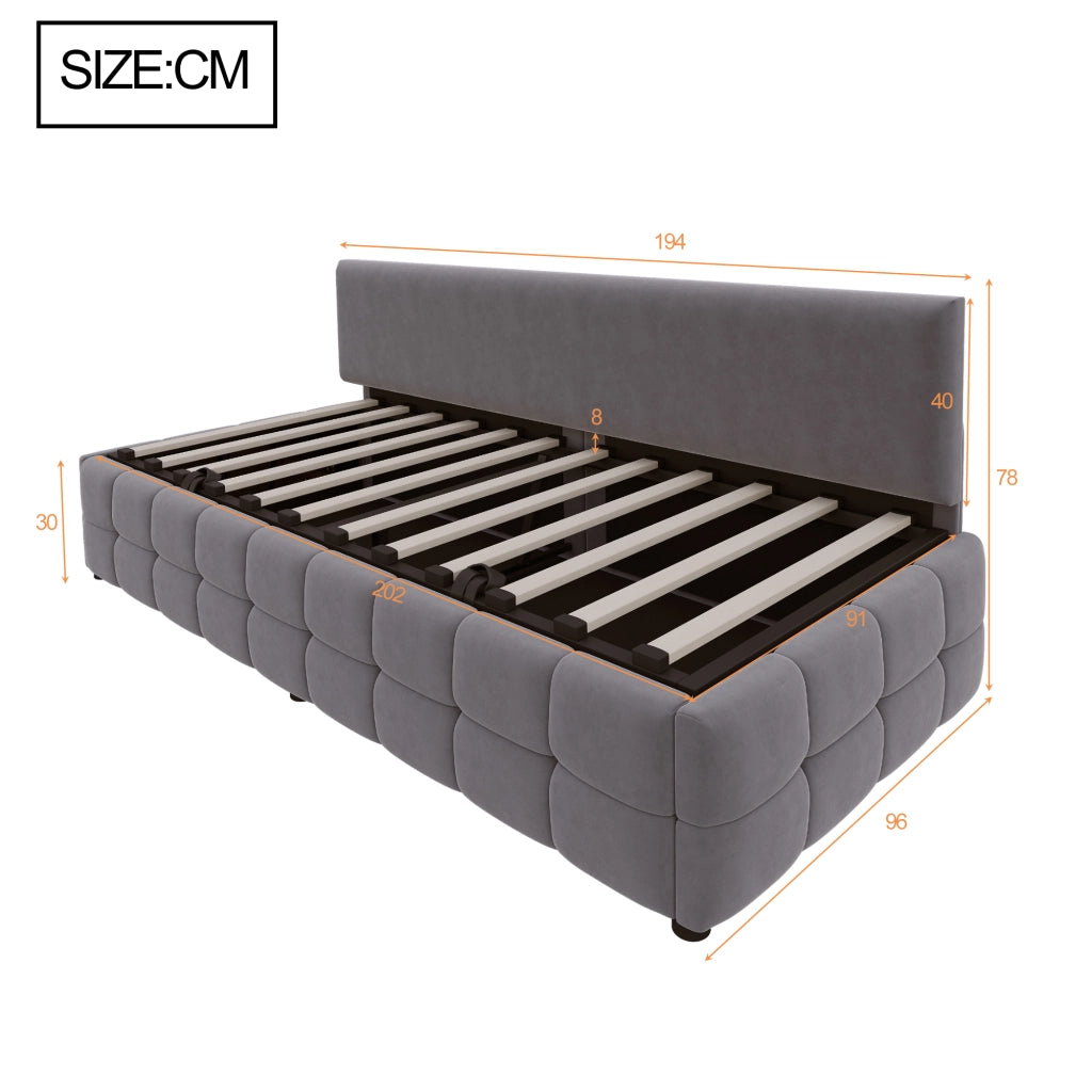 DESMIU Letto divano 1 posto 90 × 200 cm con vano contenitore idraulico e schienale, senza materasso, in velluto grigio