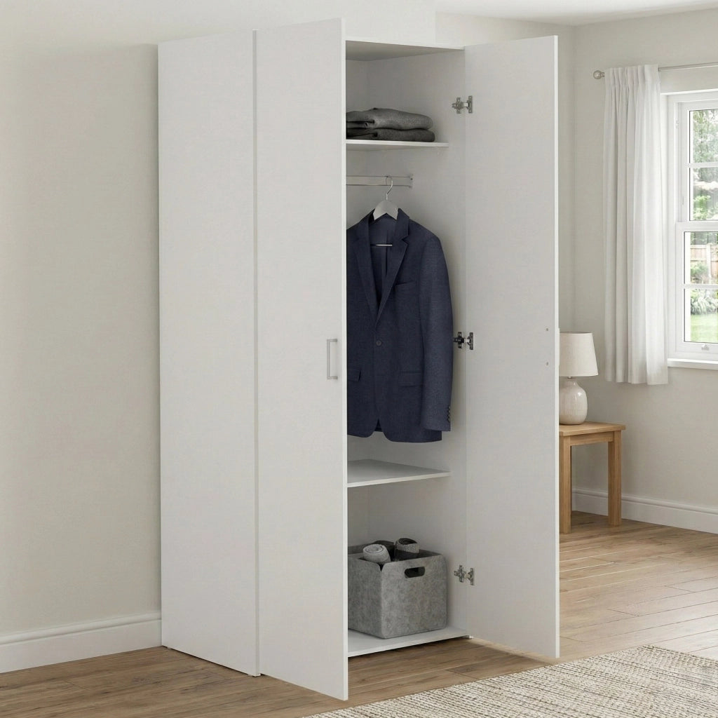Armadio guardaroba a due ante battenti con due ripiani interni e barra Alibabba, colore bianco, Misure 77 x 175 x 49 cm