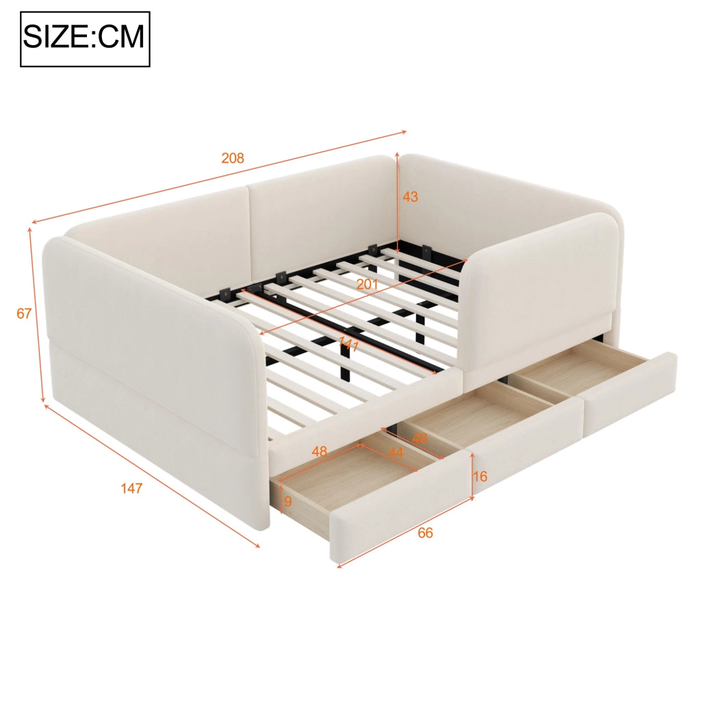Letto imbottito per bambini 140x200 cm con bordo di sicurezza; angoli arrotondati e cassetto; velluto beige