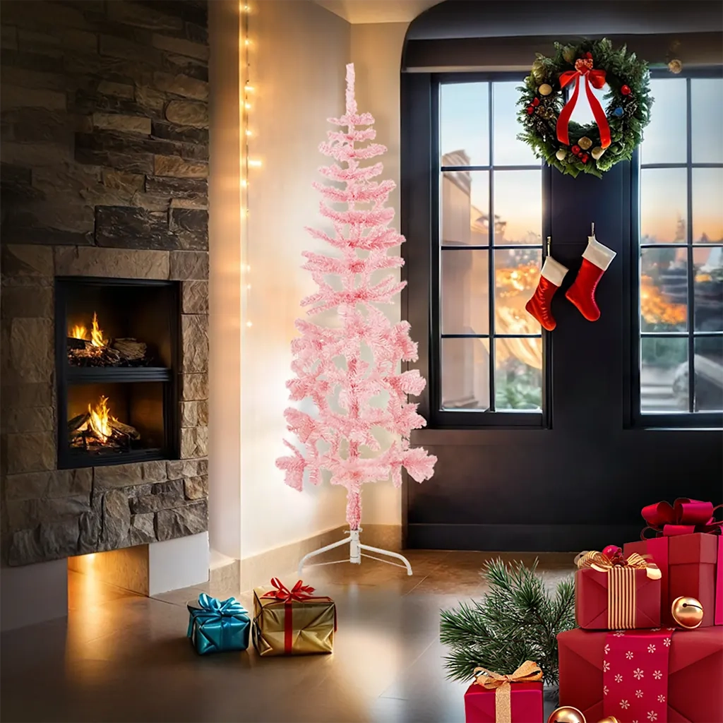 Albero Natale Artificiale Sottile a Metà e Supporto Rosa 180 cm 344571