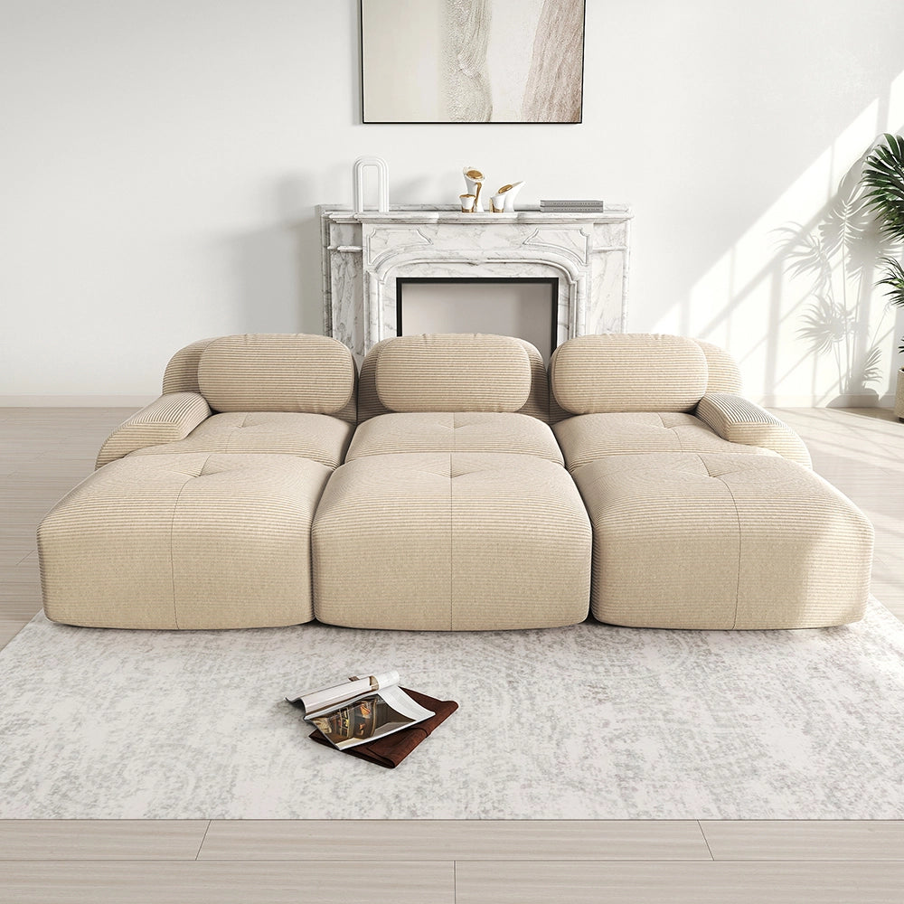 Set 3 posti + 3 pouf in velluto - Xylo - Braccioli XL, imbottitura 32D, home cinema, beige