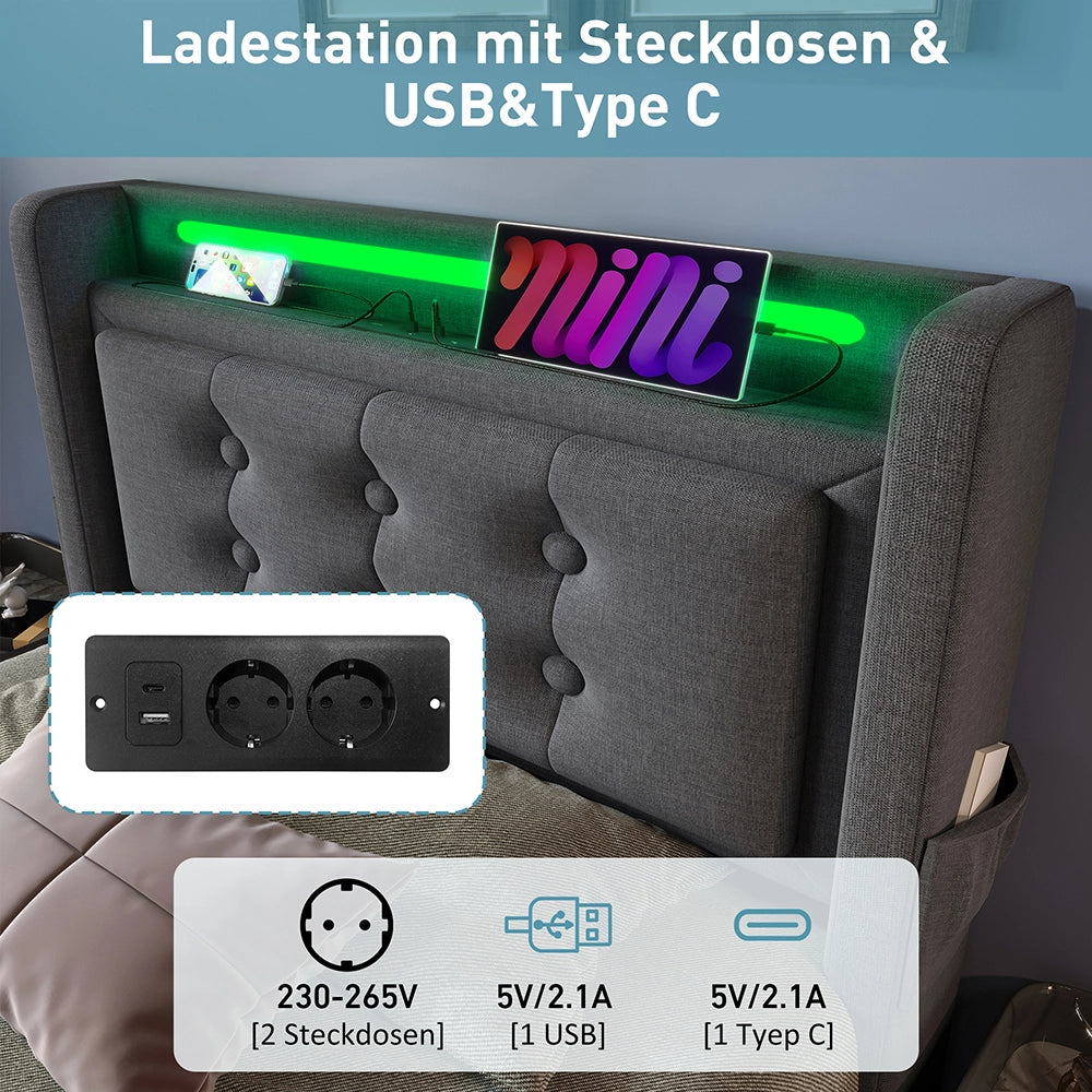 Letto a cassone per adulti - Xylo - 90x200 cm - Grigio - Testiera LED con USB C e rete a doghe