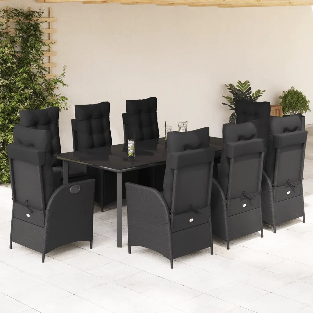 Set da Pranzo da Giardino 9 pz con Cuscini Nero in Polyrattan 3213192
