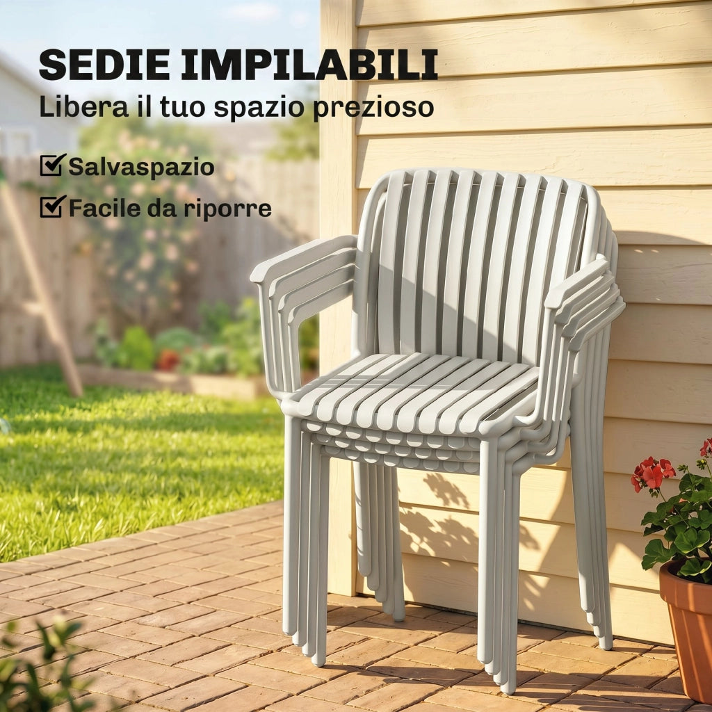 Set di 4 Sedie da Giardino Impilabili con Braccioli. Design a Doghe in Plastica. Grigio