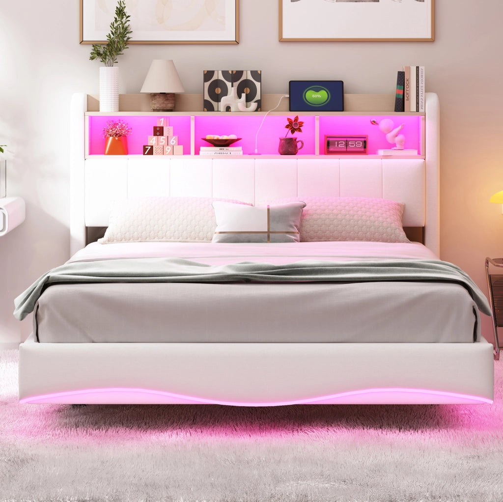 Letto imbottito 140x200 con LED, USB-C, contenitore testata beige