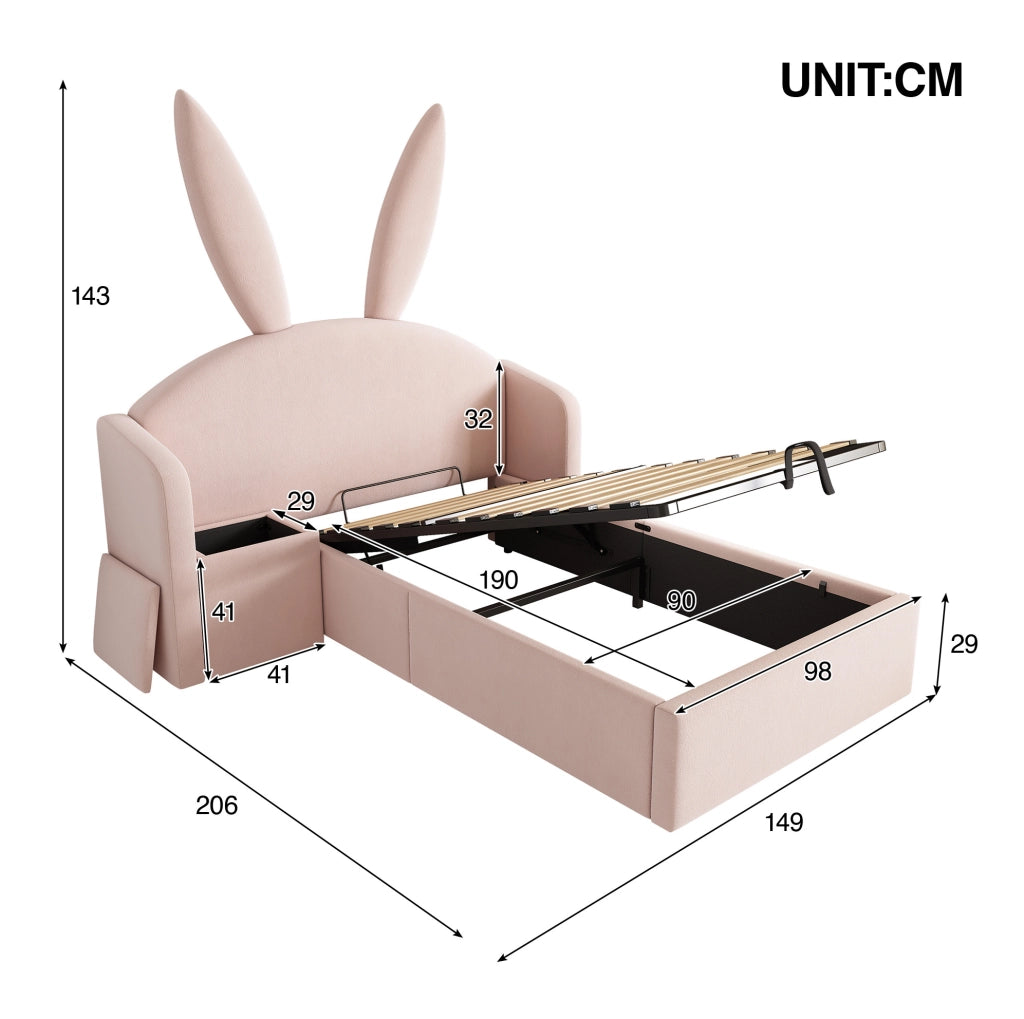 Letto 90x190 cm con contenitore e comodino in velluto rosa