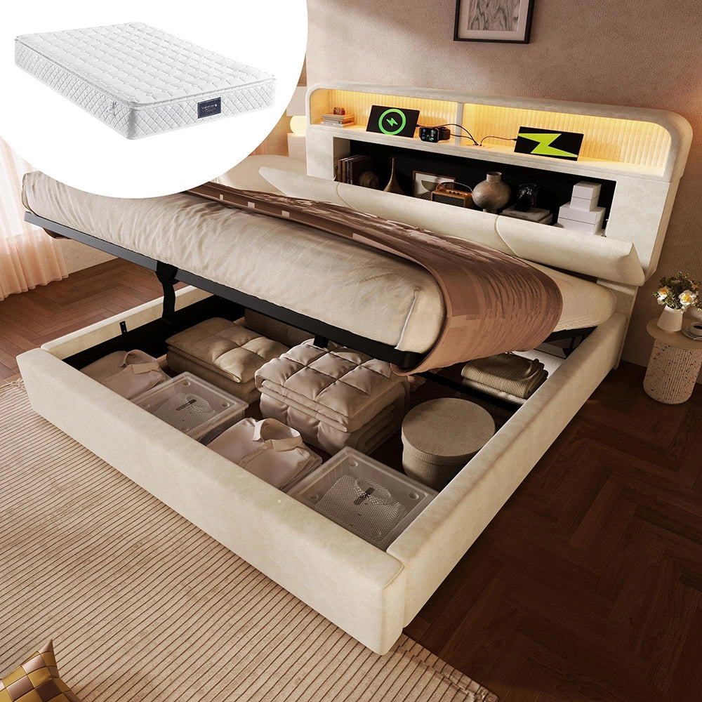 Letto Matrimoniale Idraulico 140x200cm - Xylo - Testiera Regolabile LED con USB, Velluto Beige
