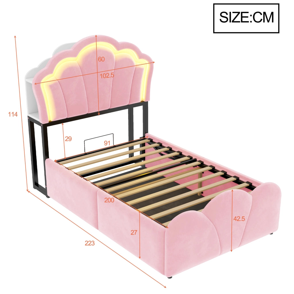 Letto imbottito 90x200 cm in velluto rosa con LED; contenitore idraulico e prese integrate