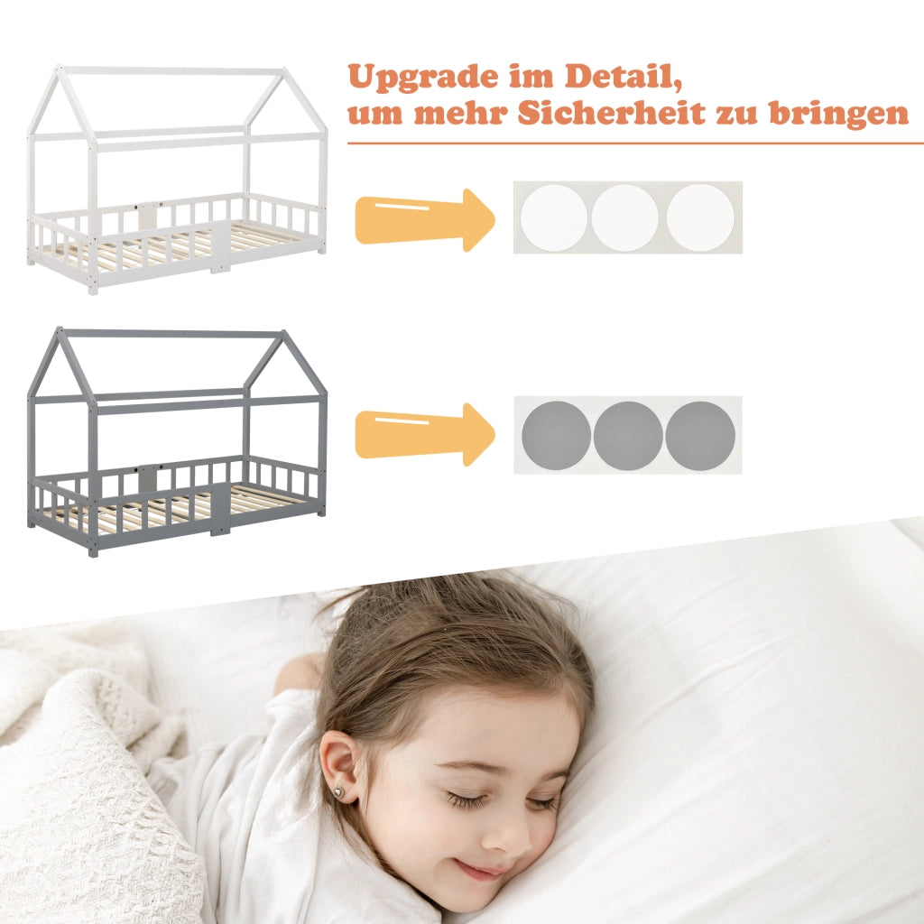 Letto a casetta per bambini 90 x 200 cm, letto in legno per cameretta con lavagna, rete a doghe e sponda di sicurezza, in legno di pino, grigio (senza