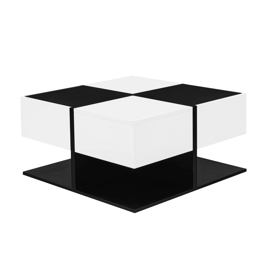 Tavolino basso quadrato con 2 cassetti e vano contenitore per soggiorno in pannello truciolare nero e bianco 70 × 70 × 35,5 cm