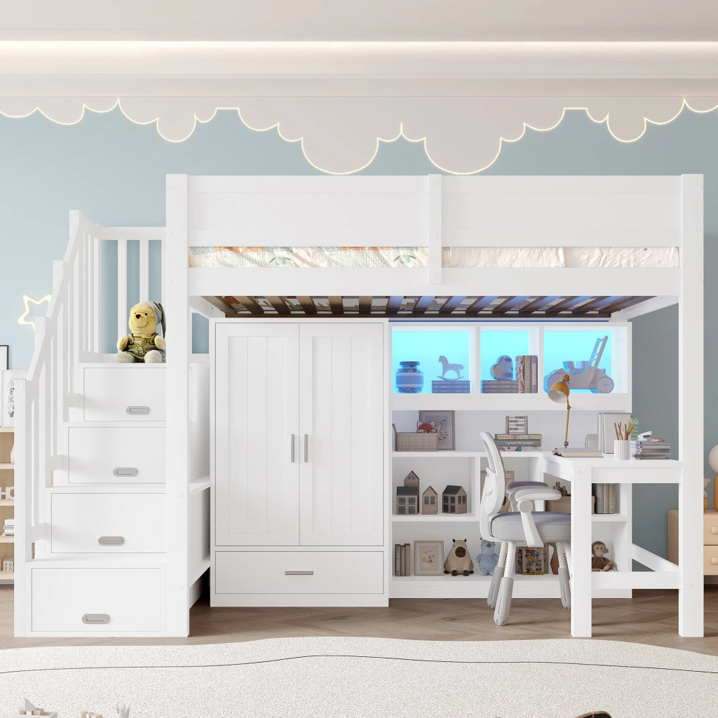 LETTO A CASTELLO 90x200 cm con scrivania, ripiani, armadio e LED, bianco