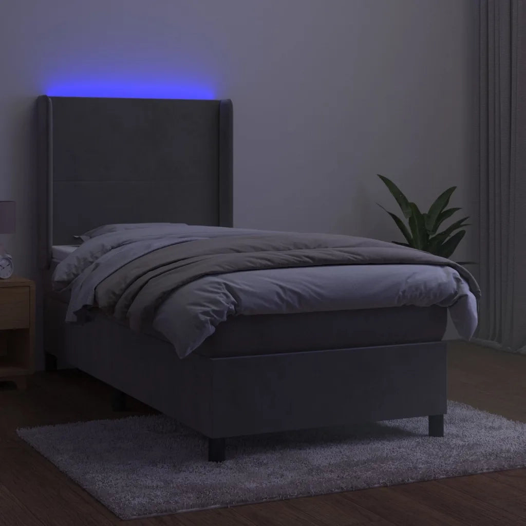 Letto singolo | Letto per adulti | Letto a Molle Materasso e LED Grigio Chiaro 90x200 cm Velluto