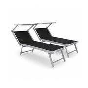 Set Di 2 Lettini Prendisole Pieghevoli Professionali In Alluminio Tettino Parasole Tettuccio Orientabile Per Mare Spiaggia Piscina Giardino Lettino Prendi Sole 182 X 60 X 38 Cm Nero