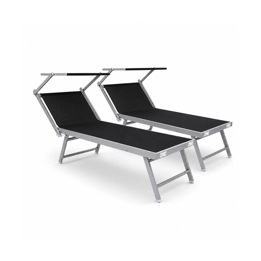 Set Di 2 Lettini Prendisole Pieghevoli Professionali In Alluminio Tettino Parasole Tettuccio Orientabile Per Mare Spiaggia Piscina Giardino Lettino Prendi Sole 182 X 60 X 38 Cm Nero